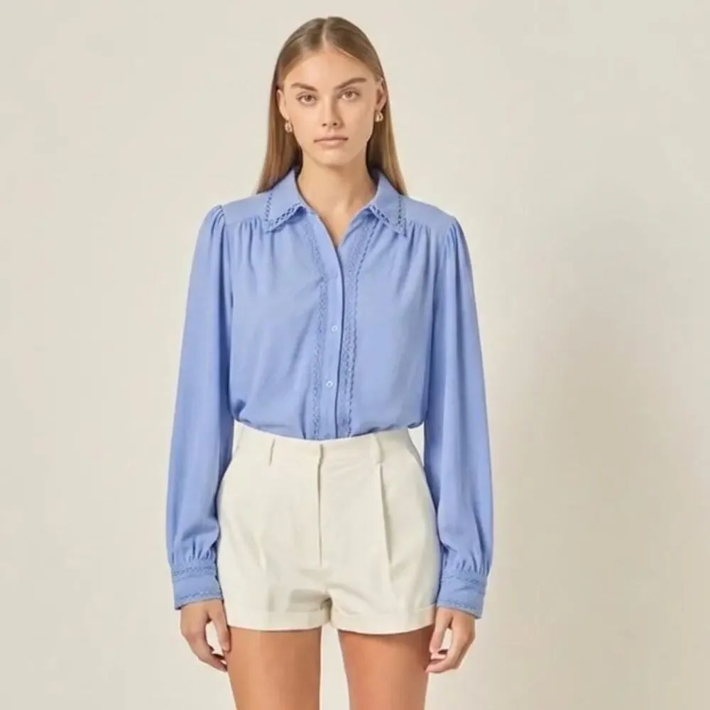 Adrianna Papell XL Blue Lace Trim Knit Shirt Button Down Stretch NWT Old Money